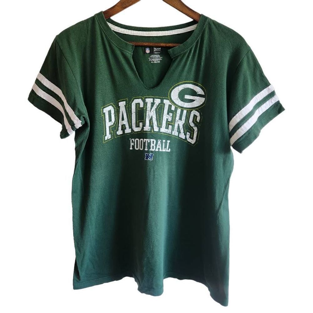 Greenbay Packers T-Shirt Womens XL NFL Football V-Neck Green‎